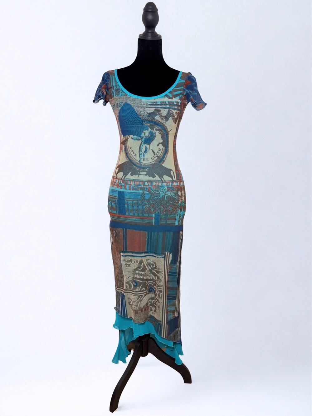 Vtg Y2K Save The Queen Asymmetric Tiered Hem Mesh Fitted Western Print Dress
